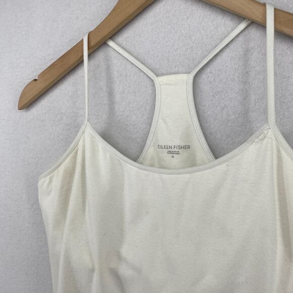 EILEEN FISHER Tank Top M Organic Cotton Jersey Racerback Halter Shelf Bra Ivory - Picture 2 of 13